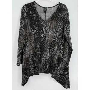 Clara Sunwoo Womens Animal Print V-Neck Tunic Top Black Grey Brown Sz 1X
